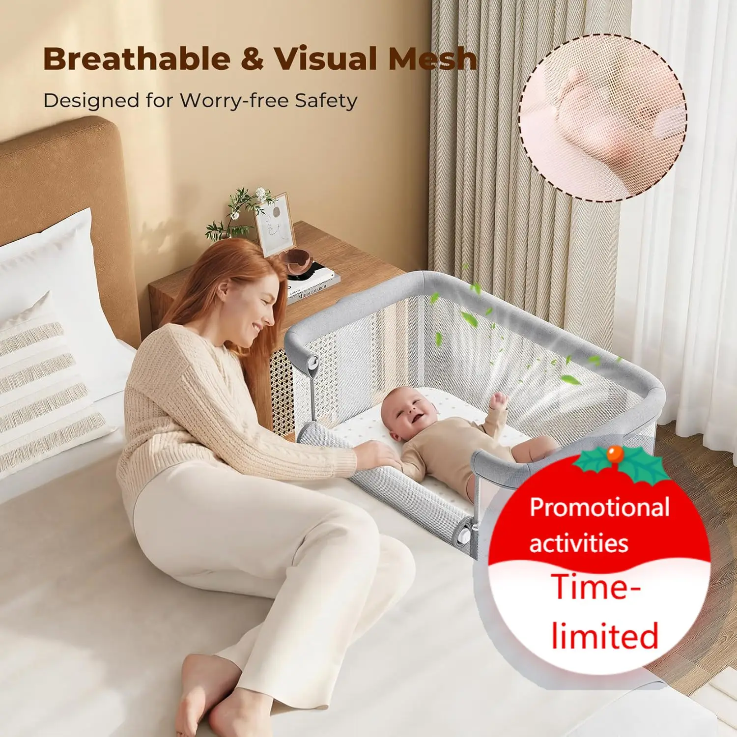 

Baby Bassinets Bedside Sleeper, Portable Bedside Bassinet for Baby Newborn Infants with Adjustable 7 Heights and All Mesh Sides,