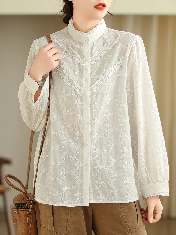 

Fashion Embroidered Lace Standing Collar Casual Shirt All Match Long Sleeve Top Blouse Women 2024 Spring Autumn X794