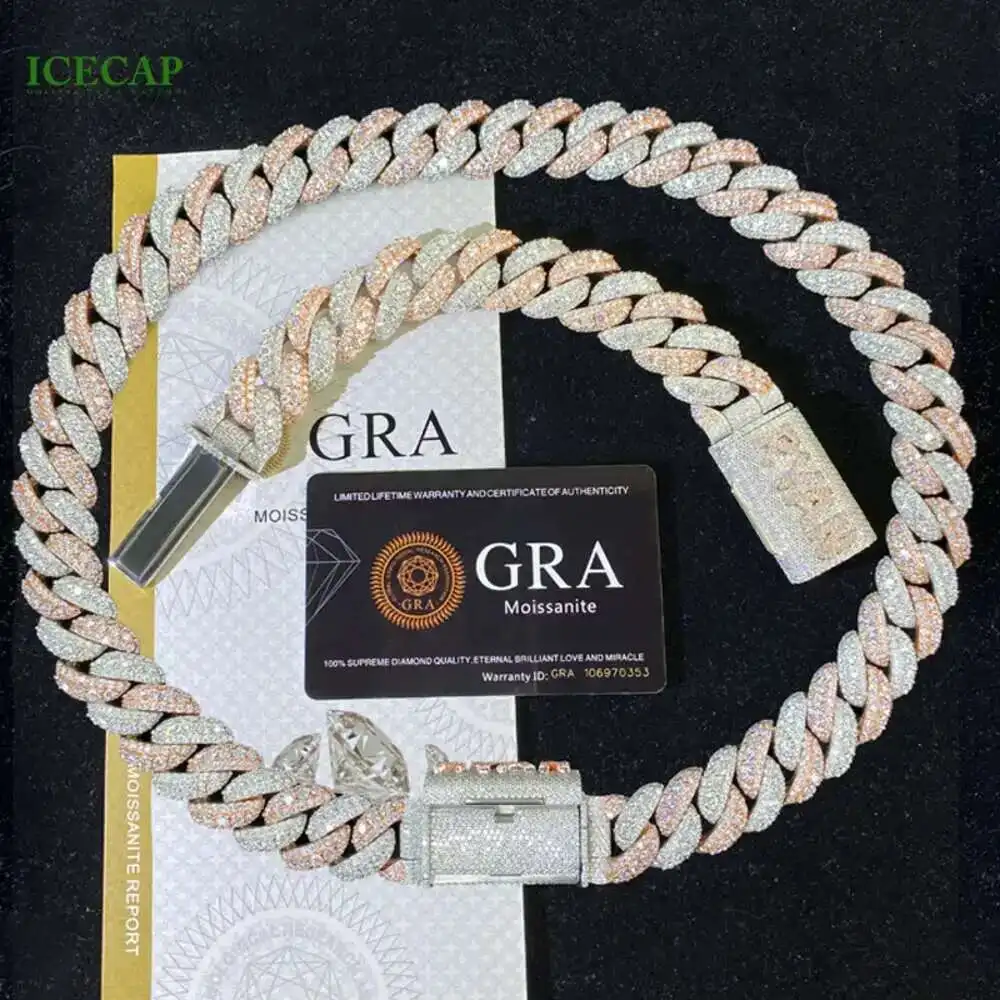 

Custom Cuban Chain Necklace 925 Silver Vvs Moissanite 2 Tone Round Cut Diamond Personality Lock Catch Cuban Link Chain for Men