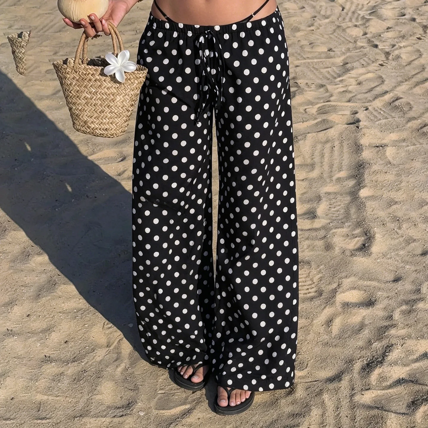 Cross-Border Fashion Women's Summer 2026 Polka Dot Beach Pants Loose Straight Leg Casual Holiday Style Wide Leg Trousers