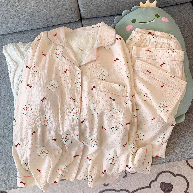 

Sweet Pink Dot Bow Puppy Women's Pajamas Fashion Cartoon Print Milk Silk Homewear 2025 Spring/autumn New Wrinkled Cloth Pajamas