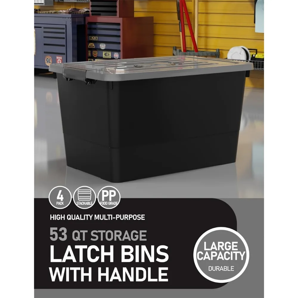 صناديق تخزين بلاستيكية قابلة للتكديس بسعة 53 لترًا، 4 عبوات من الحاويات السوداء مع أبازيم ومقابض للإغلاق، متينة للتنظيم