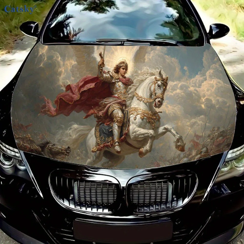 Divine Knight on White Horse Car Vinyl Wrap, PVC Waterproof Car Hood Sticker, Self-Adhesive Scratch-Resistant Stickers for Engin