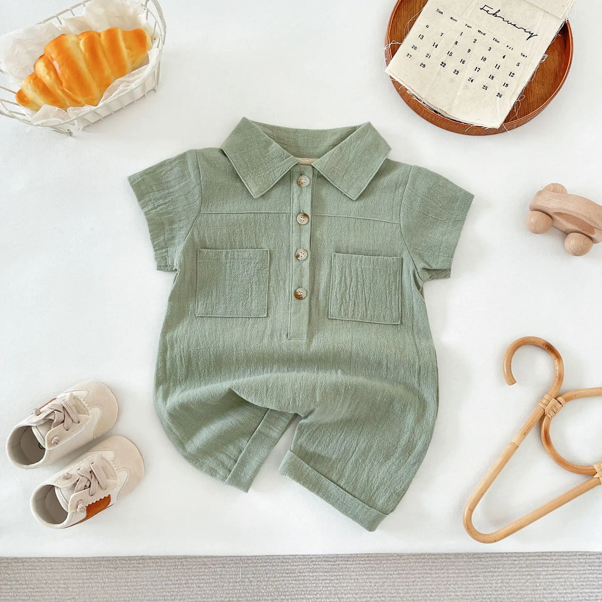 

( 0-3 Years Old) Summer Baby Infant Onesies Short Sleeve Jumpsuit Solid Color Baby Casual Pocket Work Bodysuit Thin