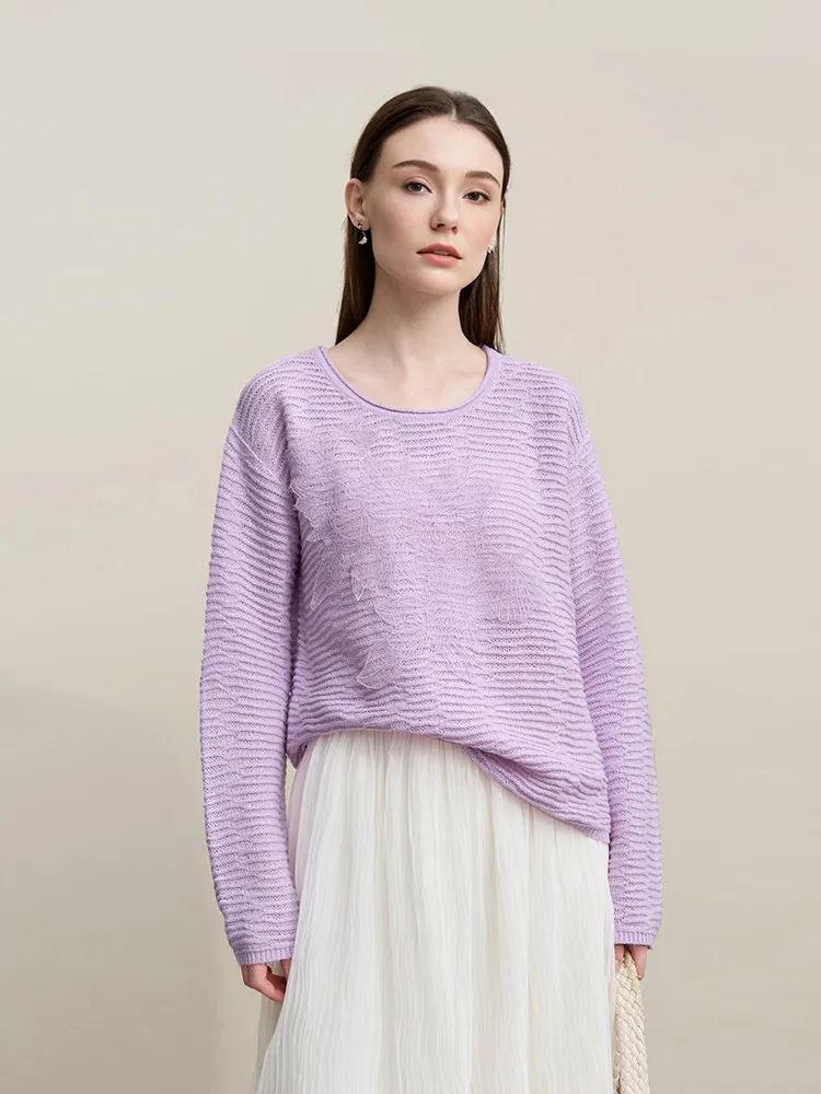 Amii ニットプルオーバー 2026 春新作 クルーネック ドロップショルダー袖 セーター レディース レースパッチワーク 無地トップス 12621093