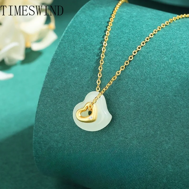 

TIMESWIND натуральный подлинный белый нефрит S925 двойное сердце полое романтическое женское ожерелье юбилейное с сертификатом