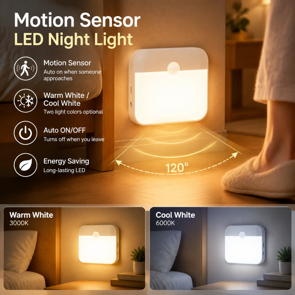 Motion Sensor Led Night Light Usb Charging Square Lamp for Bedroom Kitchen Stair Hallway Wardrobe Cupboard Lighting