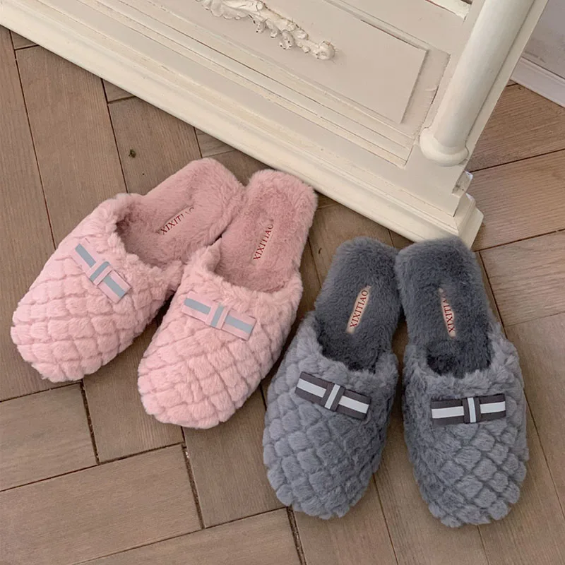 

Home cotton slippers simple plaid bow warm plush cotton slippers women's winter leisure home indoor soft bottom slippers