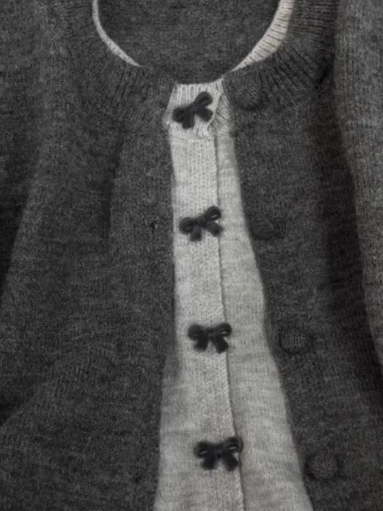 

Korean Fashion Bow Cardigan Sweater 2025 Gray Two Piece Top For Women Spring Autumn Slim Fit Simple Knitted Coat