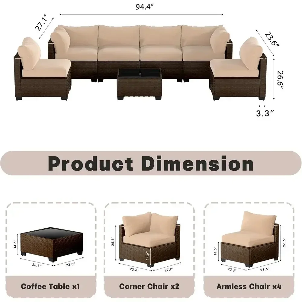 7-Piece Outdoor Sectional Sofa Set with Coffee Table and Cushions, Perfect for Backyard, Poolside, or Garden (Brown-Camel)