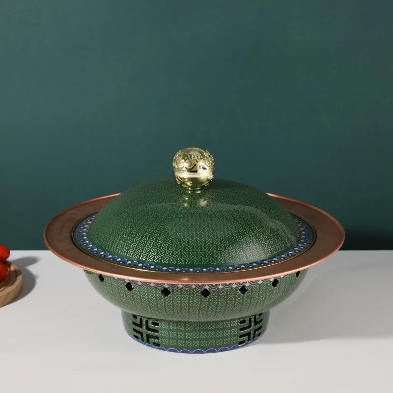 Retro dark green cloisonne split fish head pot hollow insulation furnace pure copper liner alcohol commercial seafood stew pot