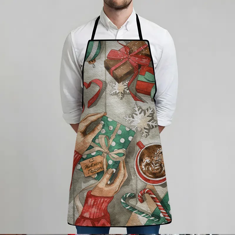1pc Large 23.62x31.5inch Heavy-Duty Christmas Apron with Festive Holiday Print  Candy Canes, Snowflakes, Gingerbread