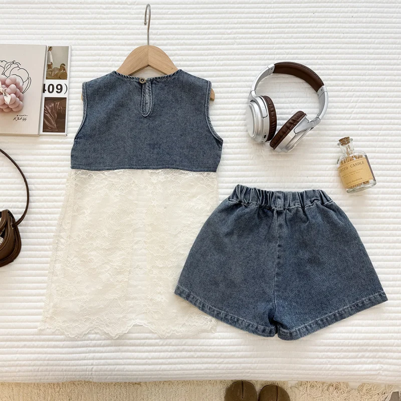 

2026Children's Summer New Elastic Waist Girls' Casual Sleeveless Denim Mesh Skirt Shorts Two-Piece Set