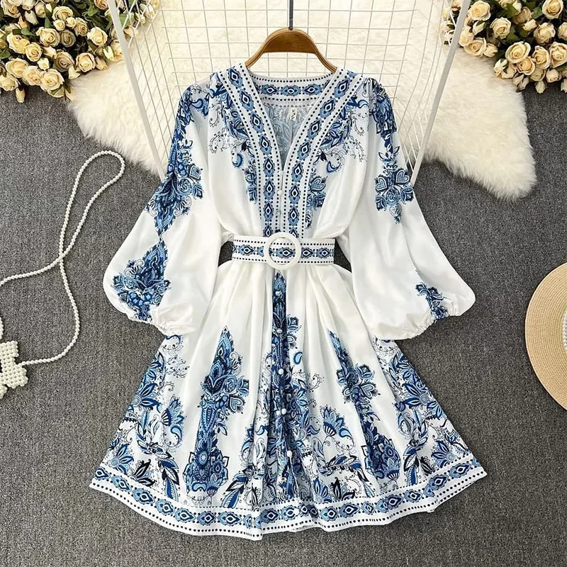 

Women's Fashion Autumn New Blue Print V-Neck Long Sleeve Bohemian Dress Elegant Women's Belt Lantern Sleeve Vestidos 2024