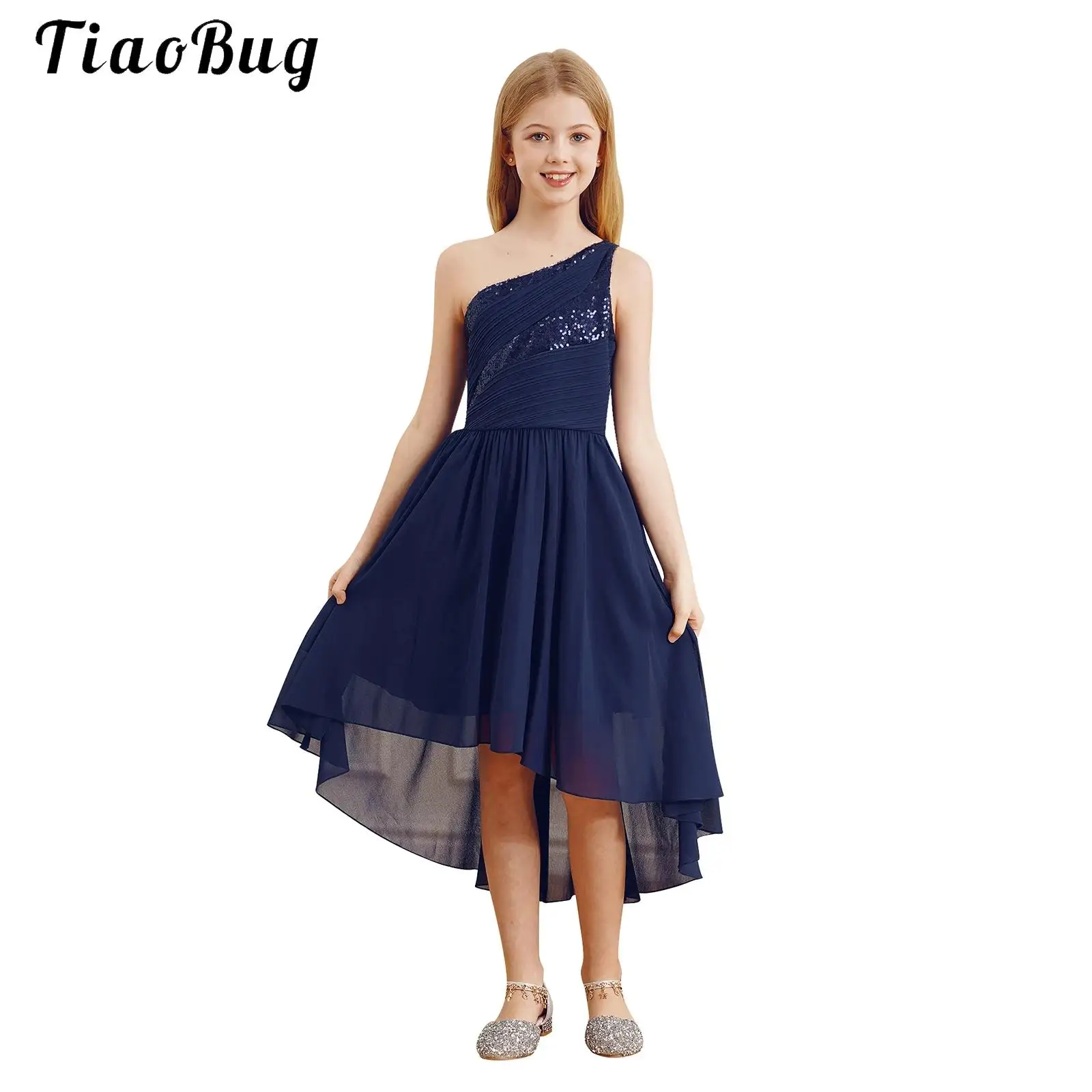 

One Shoulder Kids Flower Girls Dress Junior Bridesmaid Asymmetrical Sequin Chiffon Dress First Communion Formal Party Maxi Dress