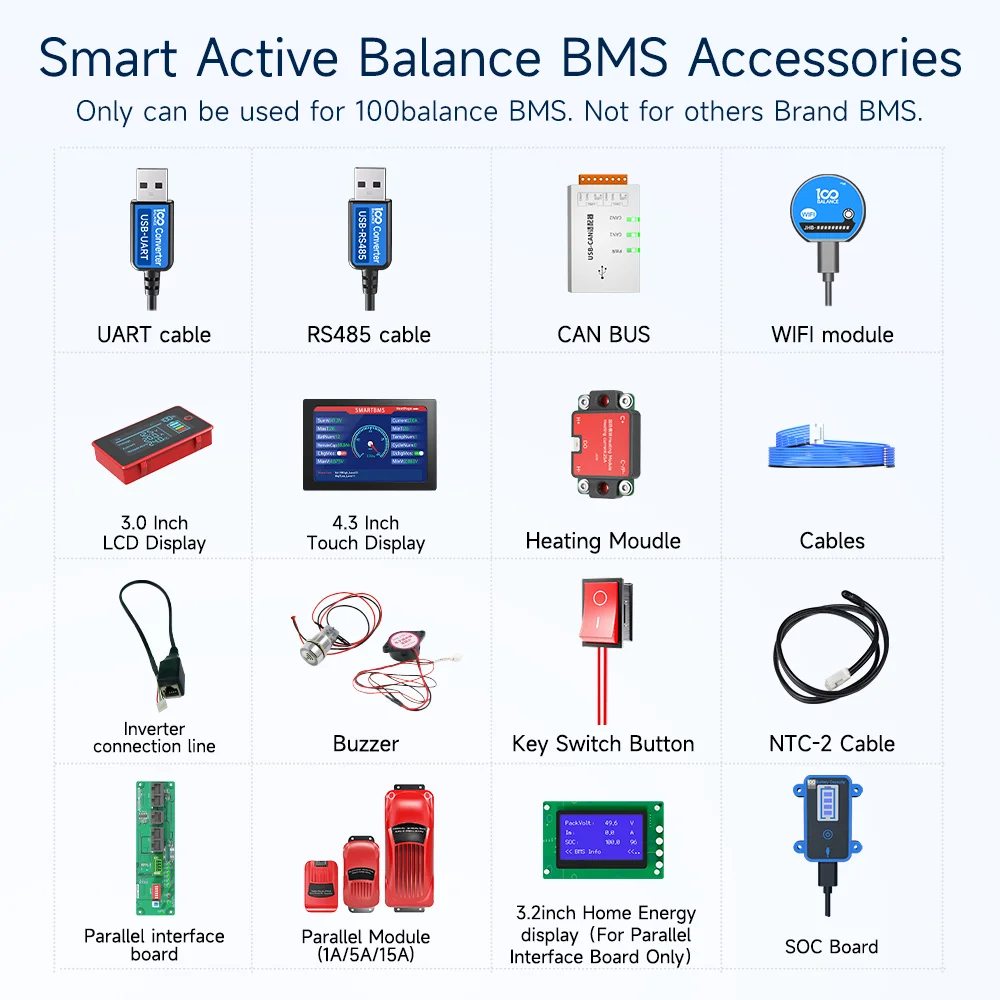 100 BALANCE Accessories active balance 1A Buzzer heating module  key switch WIFI rs485 UART CAN Bluetooth RS485 4.3 Dispaly