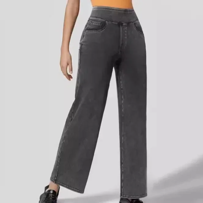 Streetwear Women Stretch Jeans Wide Leg Pants Denim High Waist Vintage Pockets Basics Ankle Length Trousers  Casual Denims