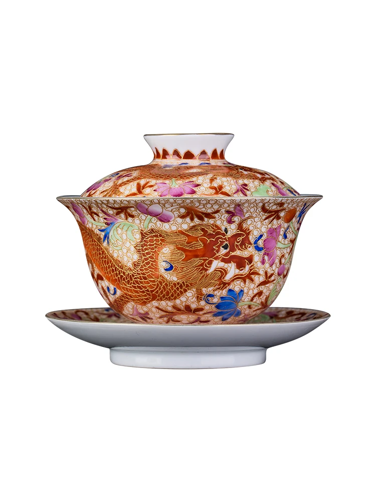 Zhongjia Kiln Single Jingdezhen Filigree Enamel Colorful Dragon And Phoenix Pattern Large Three Talent Lid Bowl Tea Cup