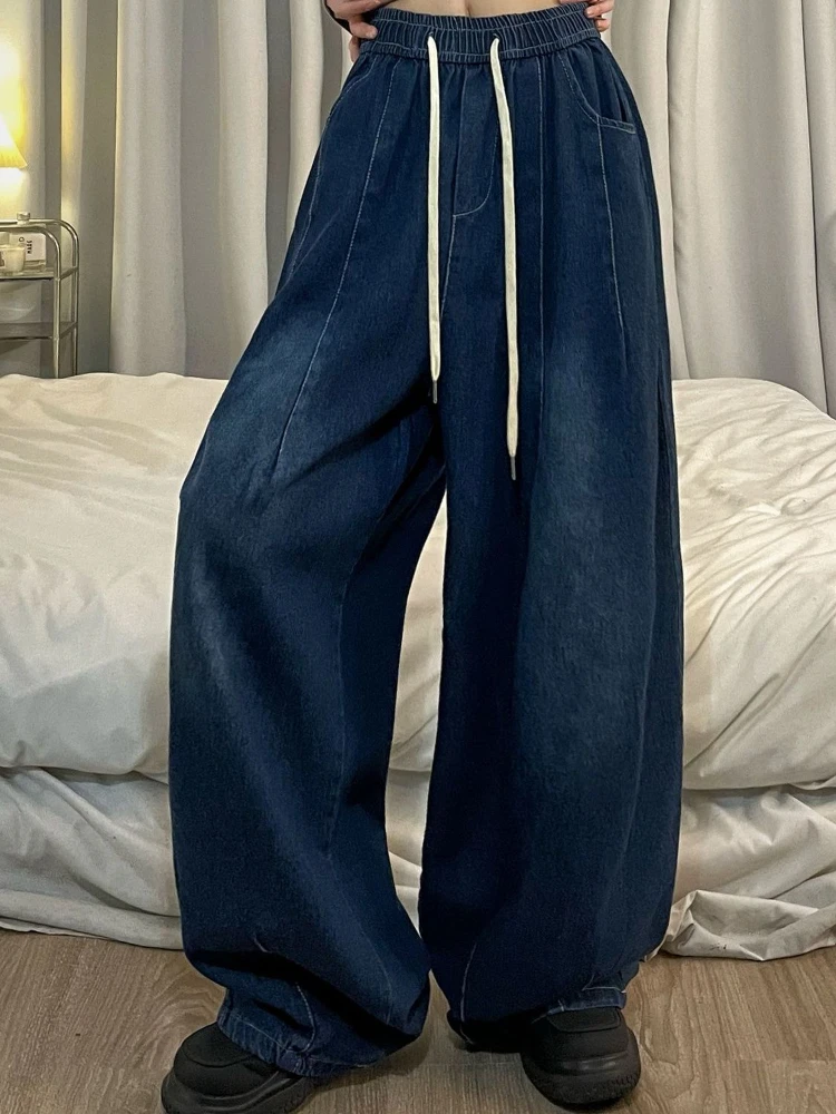 QWEEK Women Vintage Baggy Jeans Y2K Elastic High Waist Oversized Streetwear Trouser Denim Wide Leg Straight Basic Pants Spring