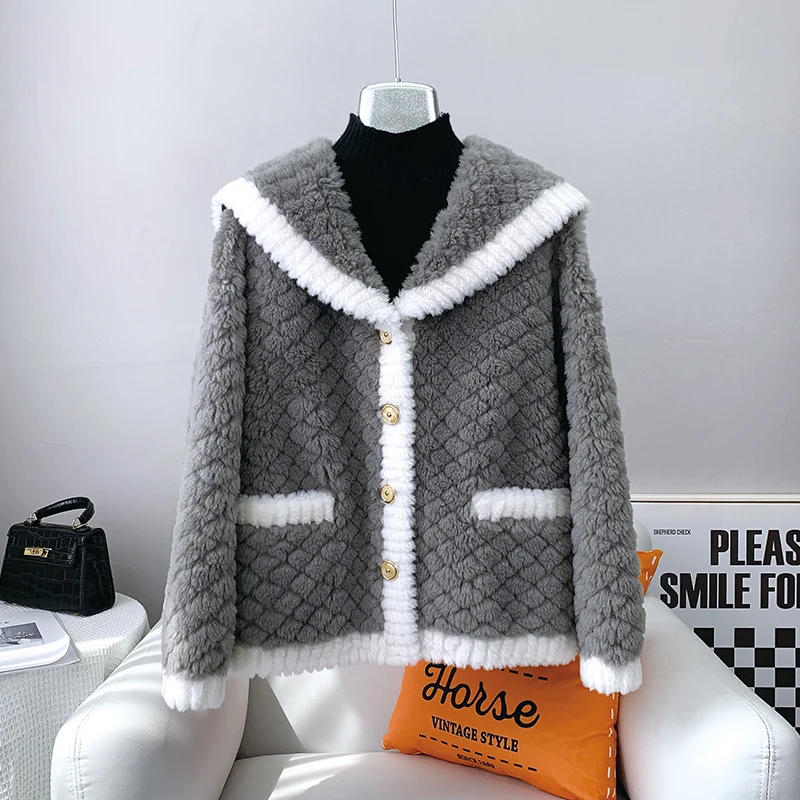 Donna ragazza pelliccia di lana di agnello cappotto con colletto blu Navy donna signora Shearling giacca corta invernale cappotto caldo JT3236