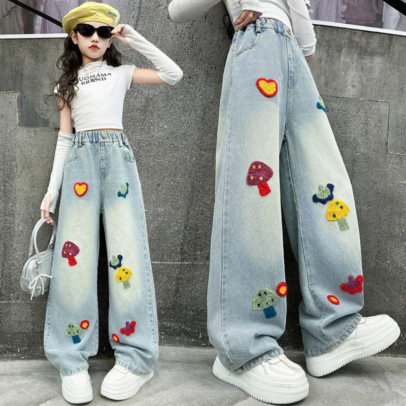 Teen Girls Jeans Spring Autumn 2025 Child Cute Mill Mushroom Embroidery Trousers Kids Straight Leg Loose Wide-leg Denim Pants