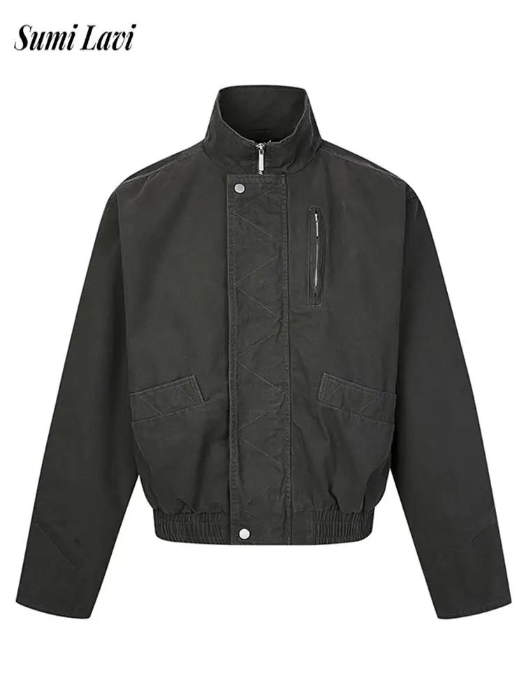 

Vintage Stand Collar Short Cargo Jackets For Mens Autumn Casual Solid Color Slim Long Sleeve Coats Men Fashion Zip-up Outerwear