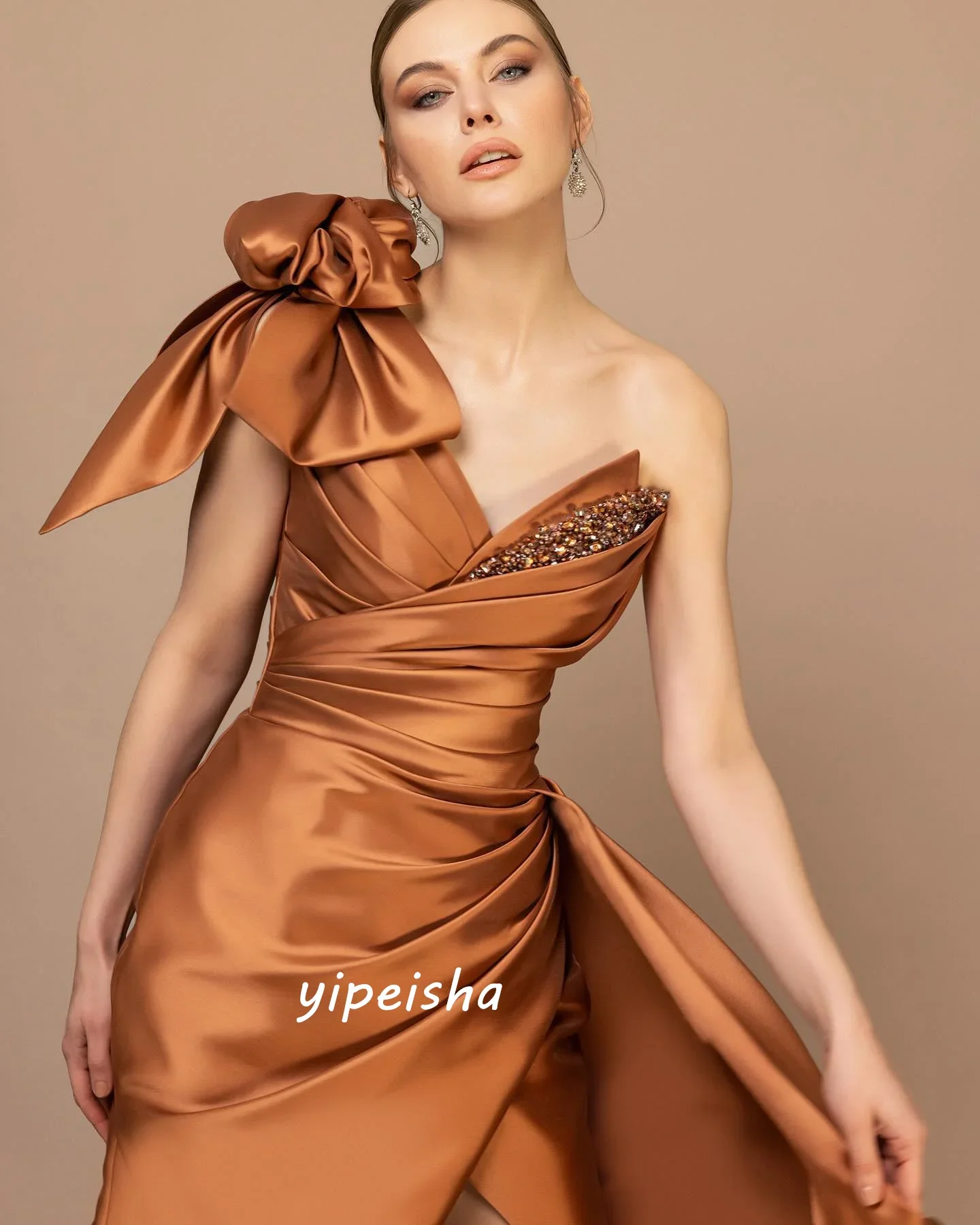 Customized Simple Satin Sequined Bow Ruched A-line One-shoulder Long Dresses Homecoming Dresses Retro Fashion Elegant Exquisite