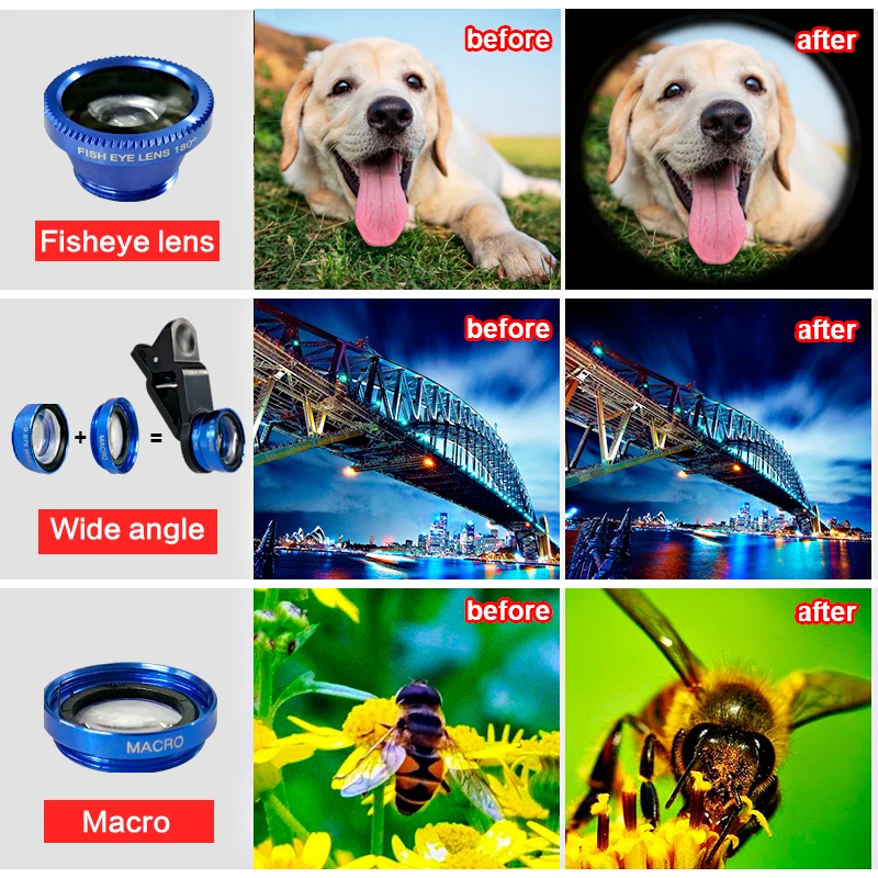 Anjielosmart عدسة ماكرو للهاتف العالمي 3 في 1 مجهر عدسة الهاتف الخليوي زاوية واسعة عدسة عين السمكة كاميرا المكبر للهاتف