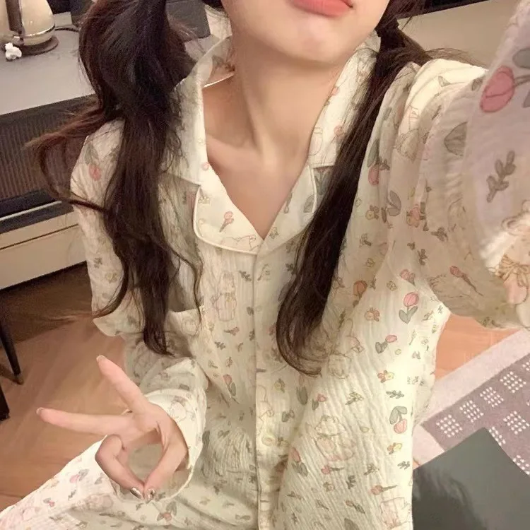 New Spring Autumn Women Pajamas Crinkle Cotton-style Girls Fabric Collared Cartoon Homewear Bunny Design Long-sleeve Pants Set