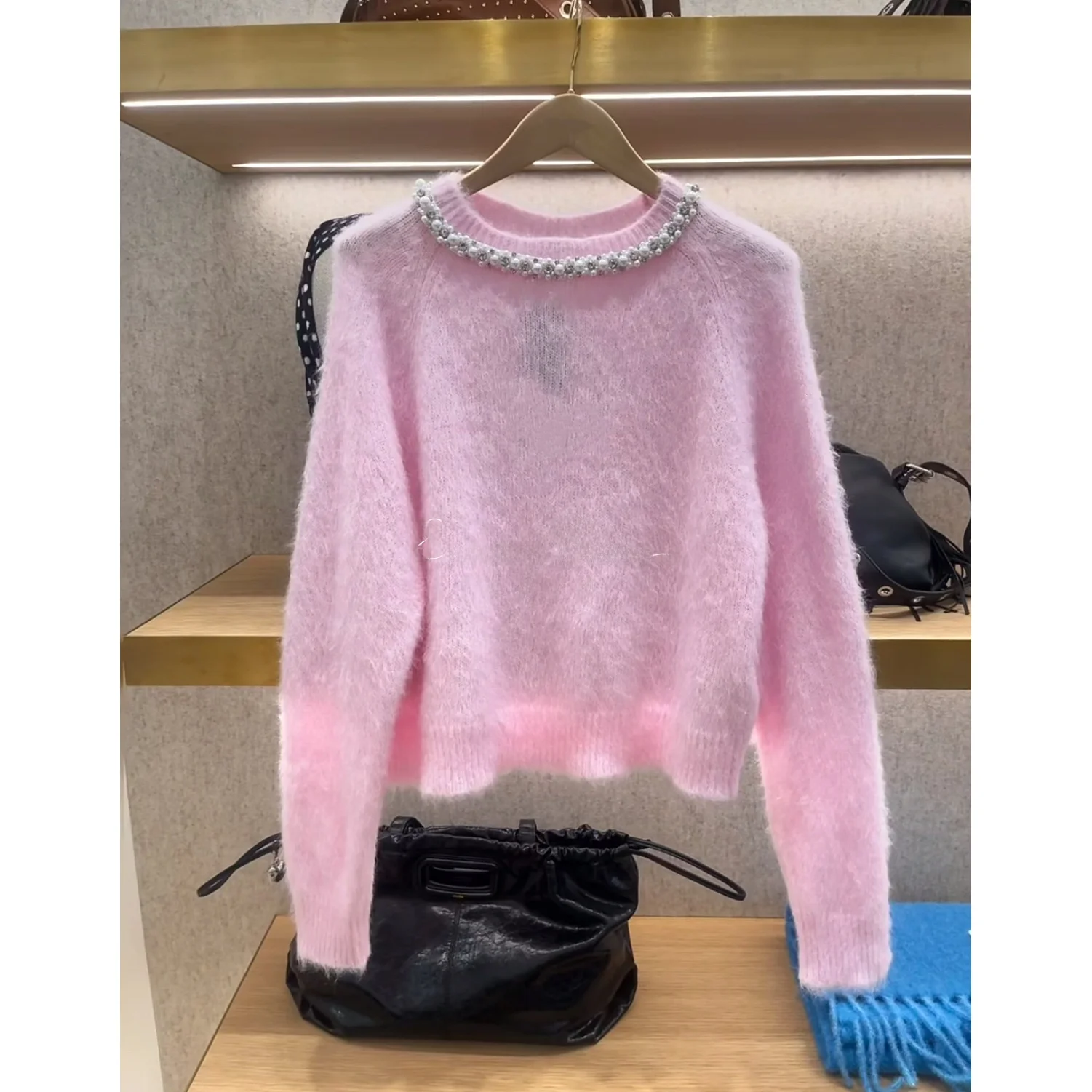 Spring 2026 Slim Fit Wool Knit Sweater Fashion Imitation Diamond Decorated round Neck French Style Long Sleeve Women's Top