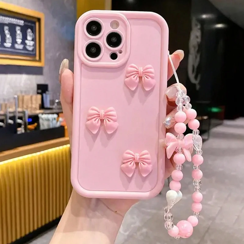 Niedliche 3D-Schleifen-Luxus-Handyhülle für iPhone 11 12 13 14 15 16 17 Pro Max 16E X XS XR Plus Hüllen mit Schleifenband und Hängeseil. – Detail 3