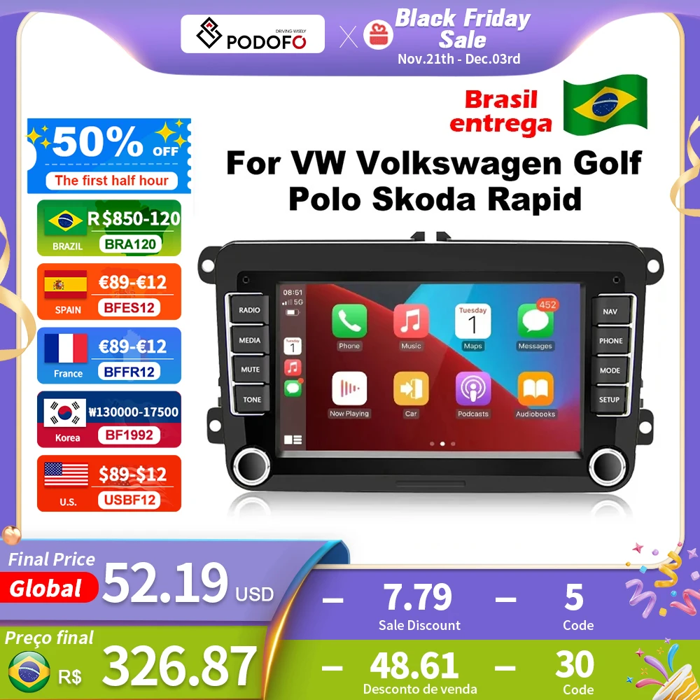 Podofo Android 11 For VW Volkswagen Golf Polo Skoda Rapid Octavia Radio Tiguan Passat b7 Jetta 2 Din Auto Carplay GPS Radio128G