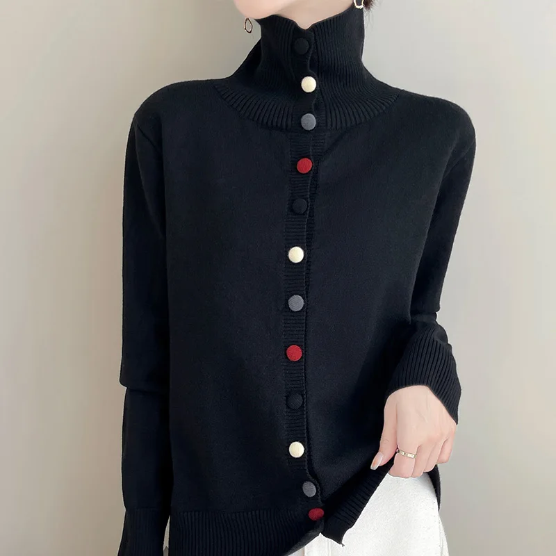 Autumn and winter new 100% pure wool retro women\'s stand collar knitted cardigan coat casual loose fashion bottoming shirt.