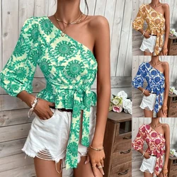 Cross border 2024 New Summer Mandala Printed One Shoulder Lantern Sleeves with ruffled hem, tied shirt and top with straps