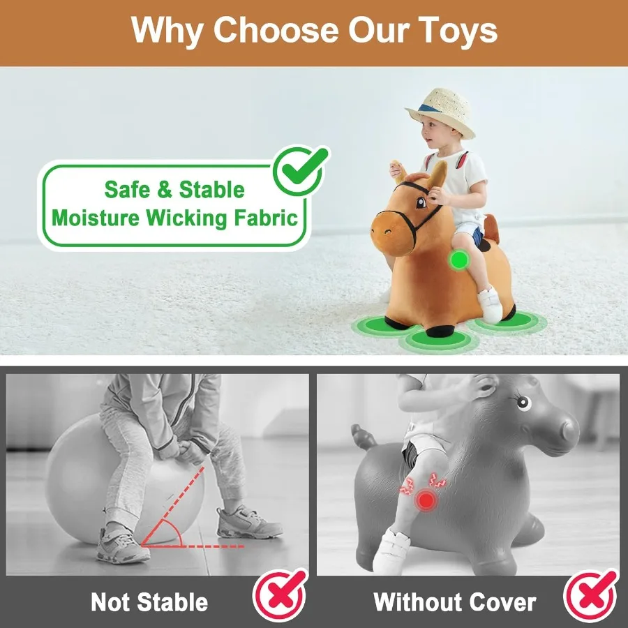لعبة iPlay iLearn Bouncy Pals Brown Hopping Horse للأطفال الصغار من القطيفة على شكل حيوانات مع نطاط قابل للنفخ ومضخة مدمجة #4