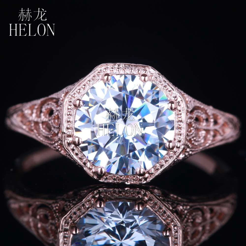 

HELON Solid AU585 14K 10K Rose Gold Round 7mm 100% Genuine AAA Graded Cubic Zircon Women Vintage Fine Jewelry Engagement Ring