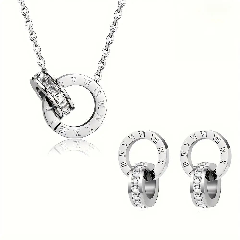 Elegant Rose Gold  Stainless Steel Jewelry Set - Double Ring Necklace & Earrings with CZ, Perfect Gift for Women view 6