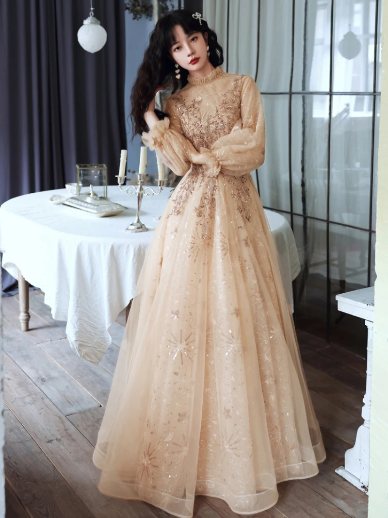 

Sweet Memory Full Sleeves Formal Evening Dress Luxury Appliquies Sequin Beading Tulle Dresses for Special Events