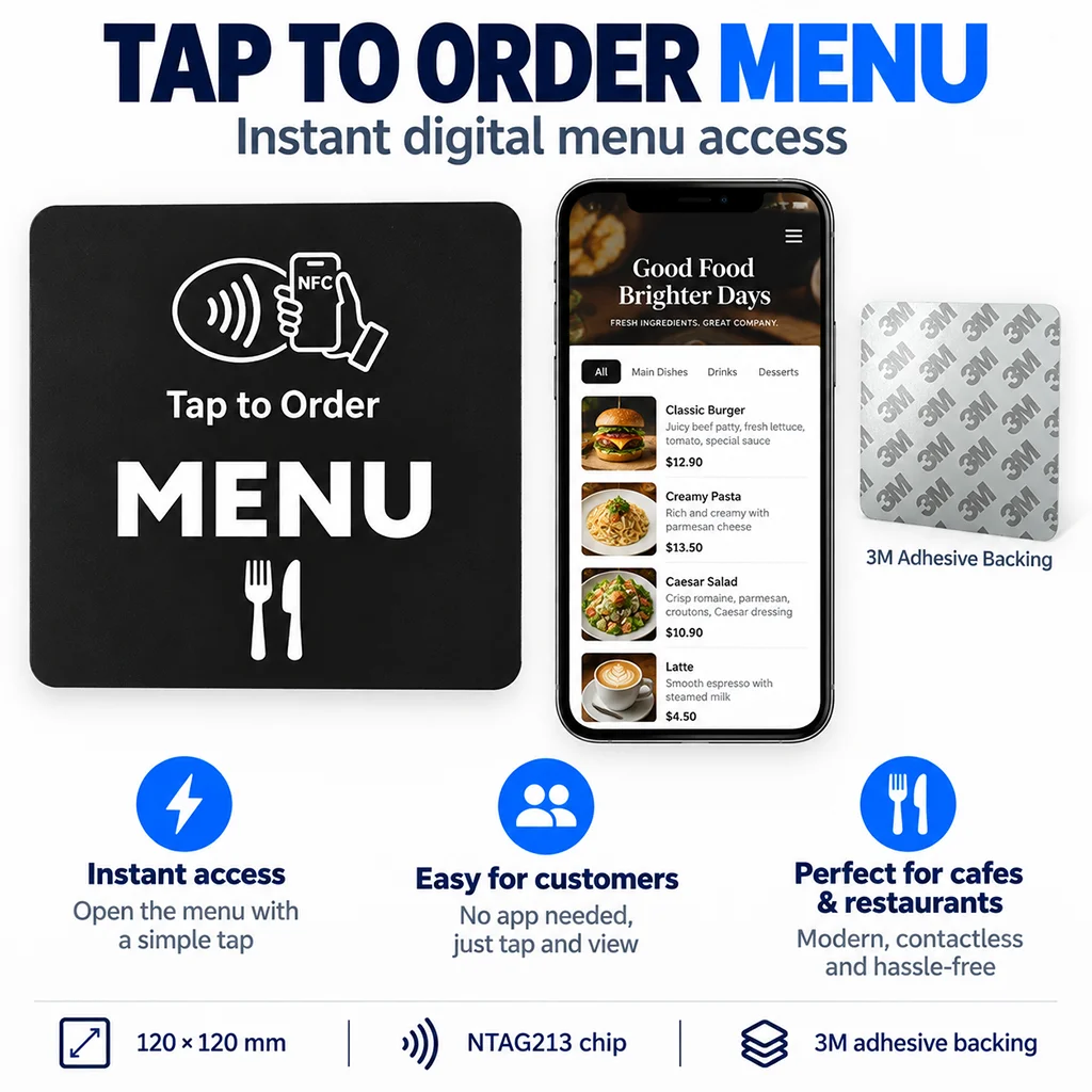 NFC Table Sticker NTAG213 Tap to Open Digital Menu with 3M Adhesive for Google Review Instagram Facebook 120x120mm Acrylic