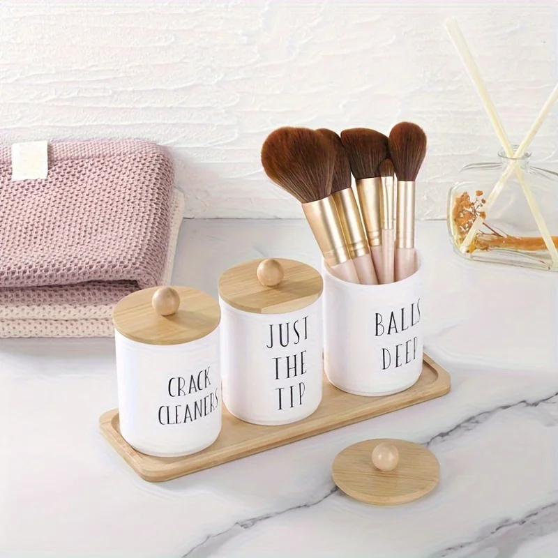 10 Oz Cotton Swab/Ball/Pad Holder with Vanity Tray, Qtip Apothecary Jar, Clear Bathroom Containers Dispenser for Storage 3 Pack