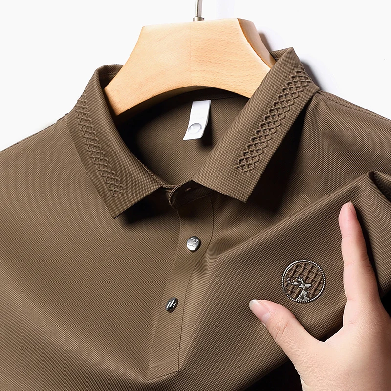 Ice-Feel High Quality Men's Polo Shirt Lapel Deer Head Embroid Short Sleeve Seamless T-shirt British Fashion Outdoor Summer Men