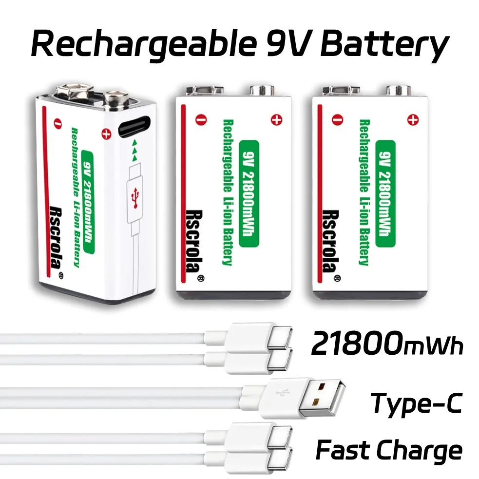 Rechargeable 9V Battery USB-C Charge,21800mWh Long-lasting 9V Li-Ion Battery with Free Cable,for Smoke Alarm,Camera,Clocks,Audio