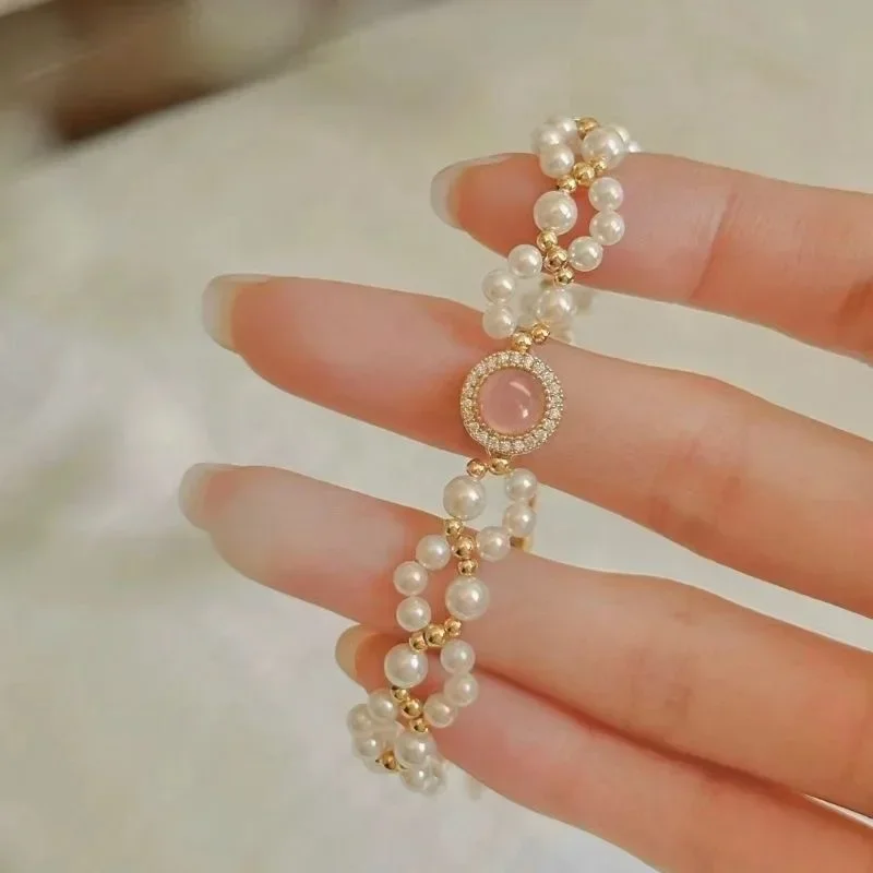 Charm Pearl Jewelry Sets for Women Fashion Temperament Pink Blossom Powder Zircon Pendant Necklace Ring Earrings Wedding Gifts