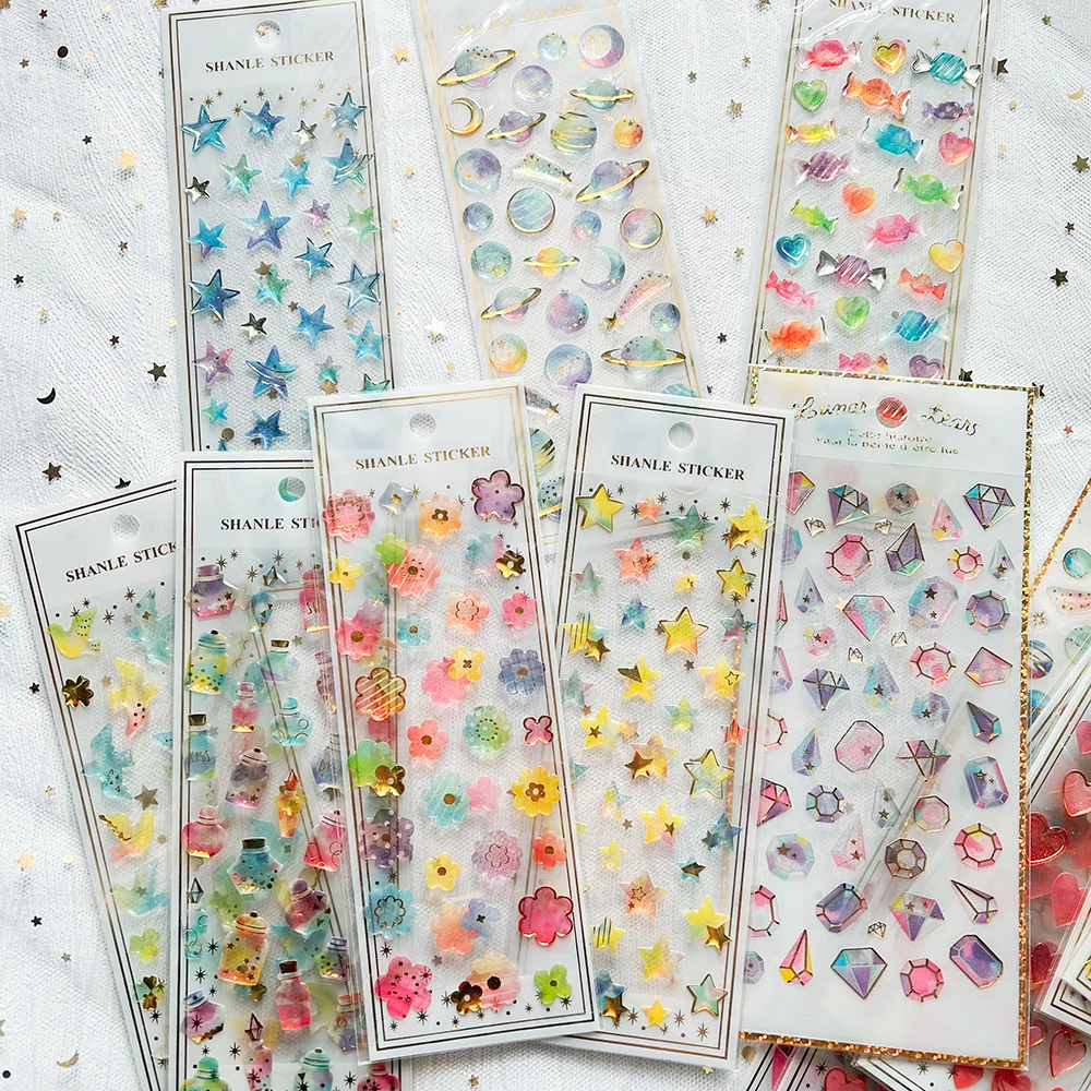 2 Packs Glitter 3D Transfer Stickers for Kids Heart Star Diamond Journal Supplies Scrapbooking Stickers Planet Deco Kawaii Small