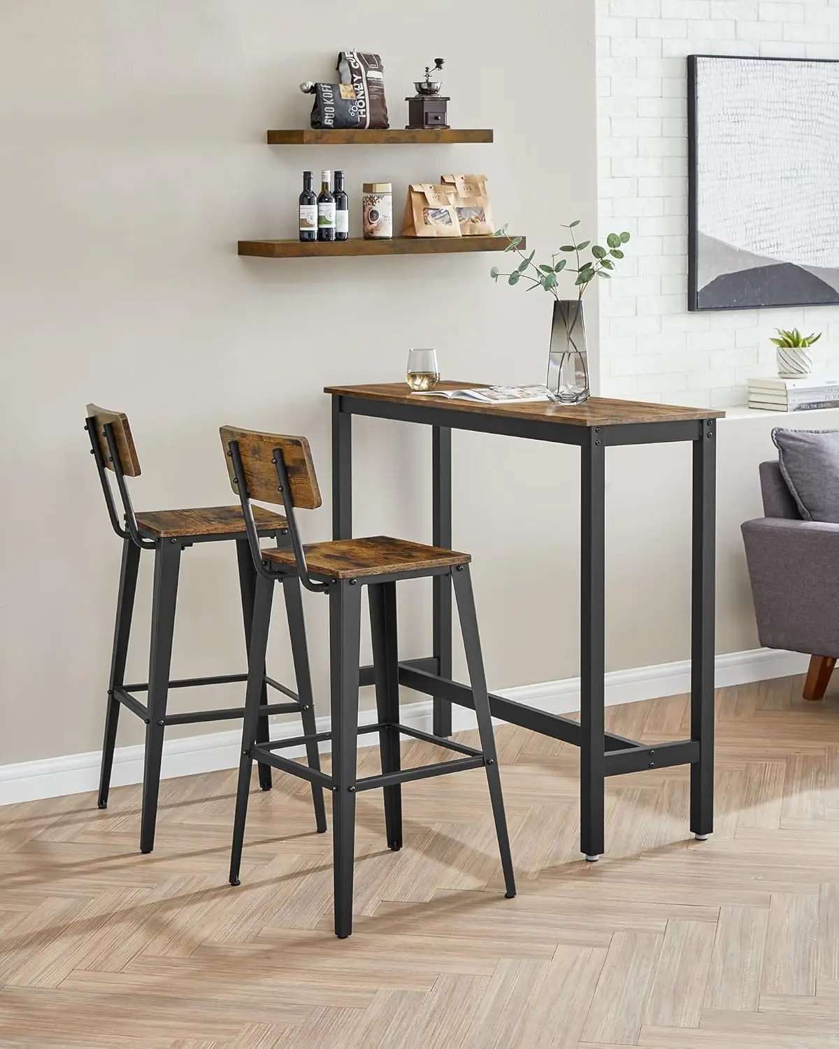 4 Bar Stools, 29.1' Tall, Industrial Style, Steel Frame, Rustic Brown & Ink Black, Easy Assembly