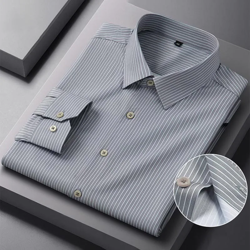

Мужские эластичные клетчатые рубашки в полоску, повседневные рубашки с длинными рукавами на весну и осень, облегающая формальная мода, простая в уходе, элегантная деловая одежда