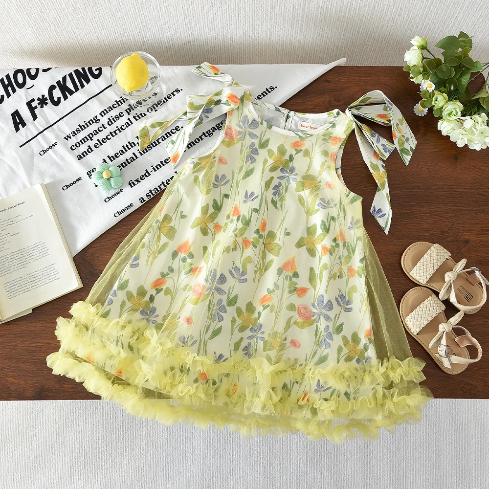 

Korean Version Casual Countryside Style Round Neck Sleeveless Flower Print Multi Lace Princess Dress for Girls Aged 2-7