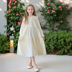 Spring Girls Princess Dress Beige Lace Neck Casual Long Dress for Kids Cotton Fashion Casual Loose Teen School Children Clothes