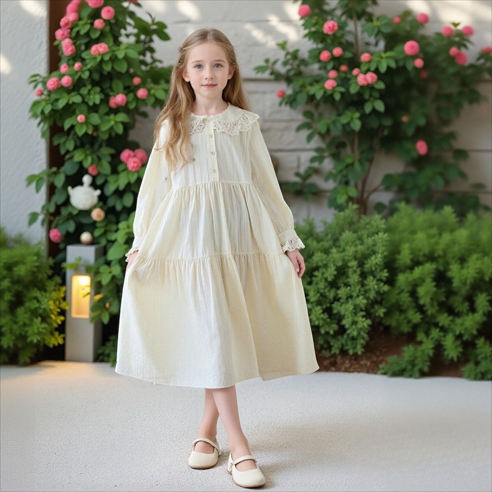 Spring Girls Princess Dress Beige Lace Neck Casual Long Dress for Kids Cotton Fashion Casual Loose Teen School Children Clothes