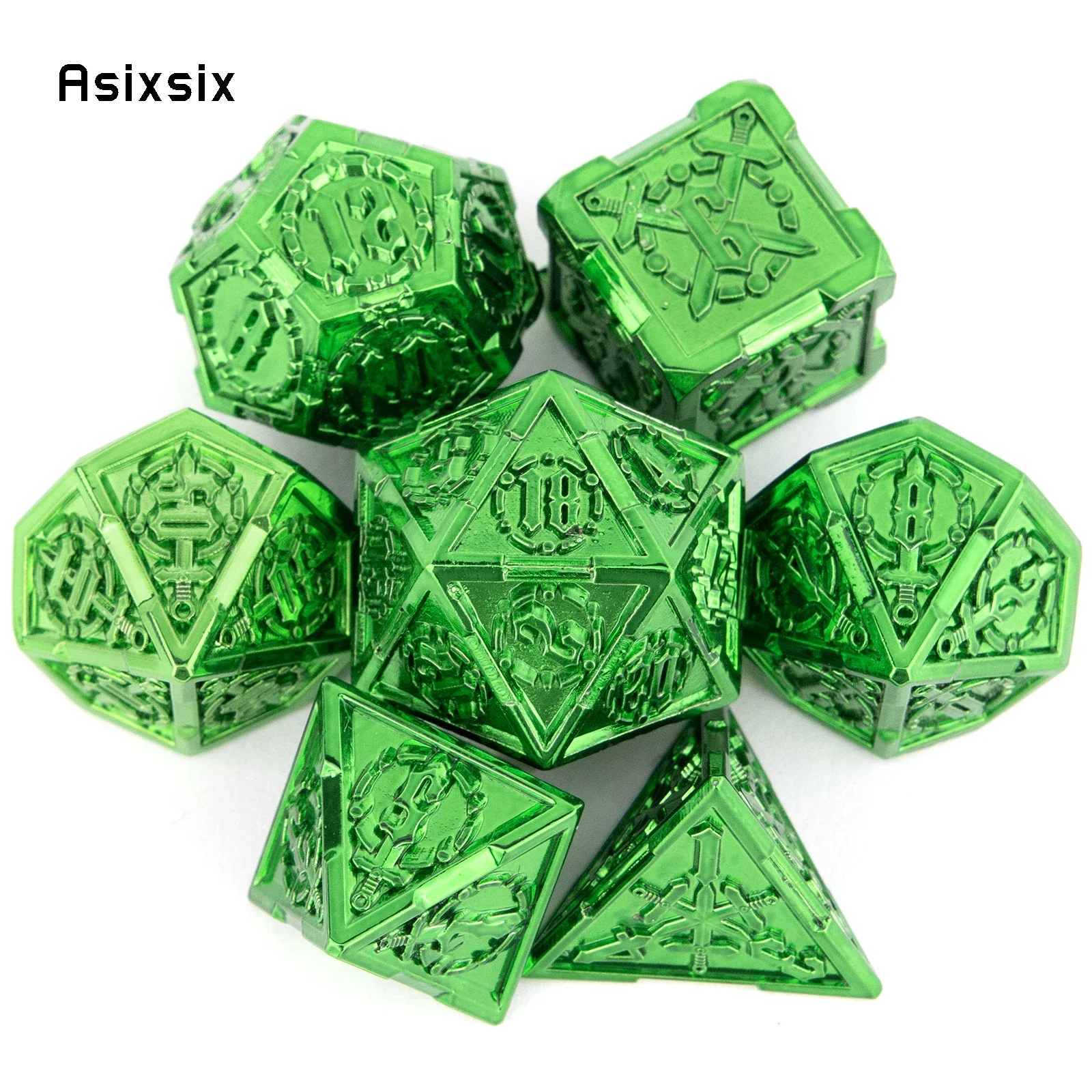 

7 Pcs Green Double Swords Metal Dice Solid Polyhedral Dice Set Suitable for Role-Playing RPG Board Game